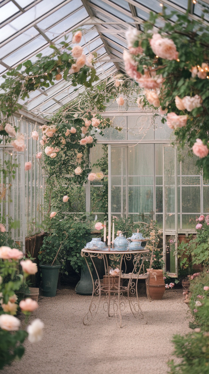 A beautifully arranged glasshouse with pink roses, greenery, and a vintage table setting.