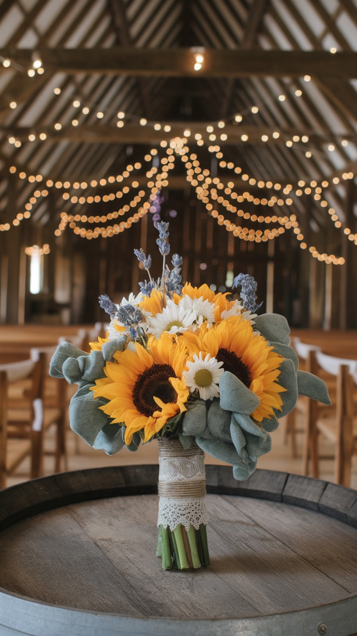 Sunflower bouquet with greenery and white flowers in a rustic setting