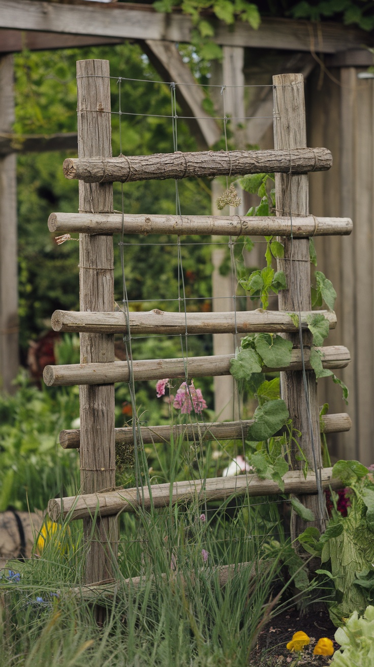 A rustic log trellis with twine supports, adorned with climbing plants and flowers, set in a lush garden.