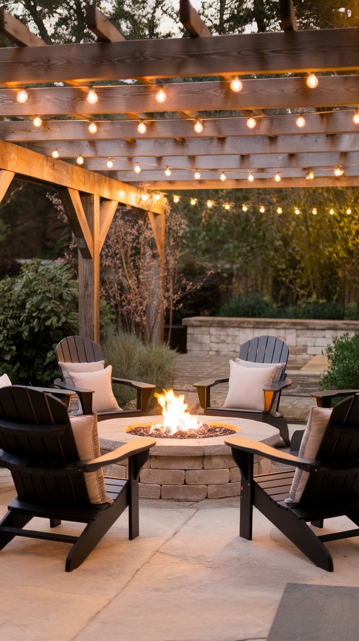 Cozy outdoor patio with a rustic pergola, string lights, and a fire pit surrounded by chairs.