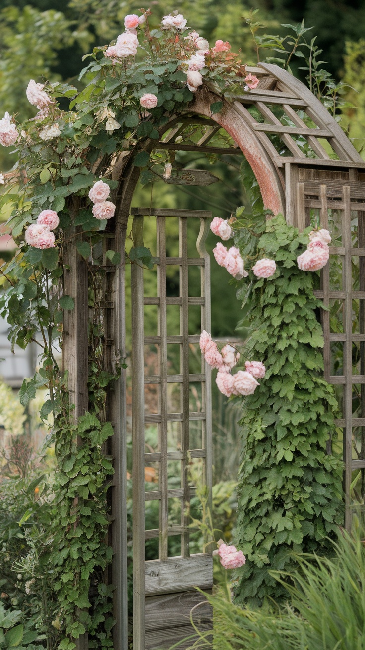 A rustic wooden arch trellis draped with pink roses and greenery.