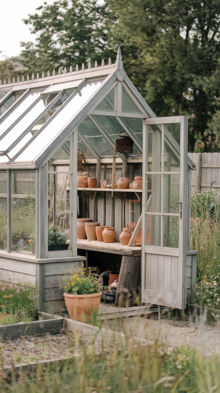 A rustic greenhouse with wooden shelves and terracotta pots, surrounded by greenery.