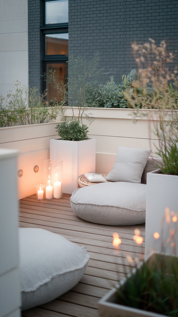 Cozy Scandinavian-inspired balcony with bean bags, plants, and candles