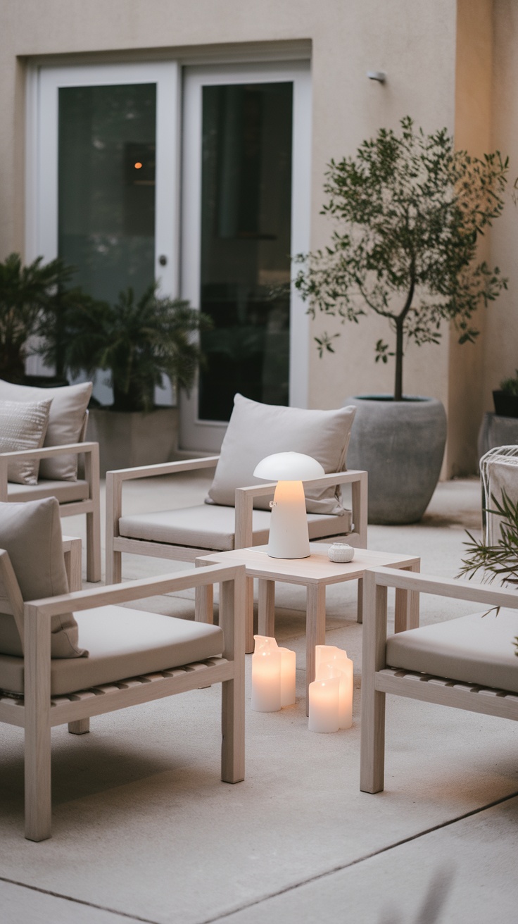 Chic Scandinavian-inspired outdoor patio with light wood furniture and soft cushions