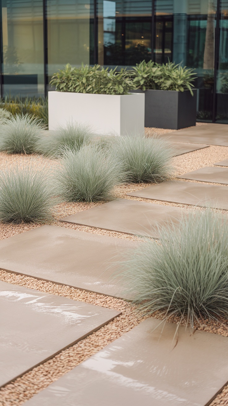 A Scandinavian minimalist front yard featuring concrete slabs, soft grasses, and modern planters.