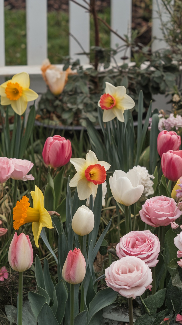 A colorful small garden featuring daffodils, tulips, and roses in bloom