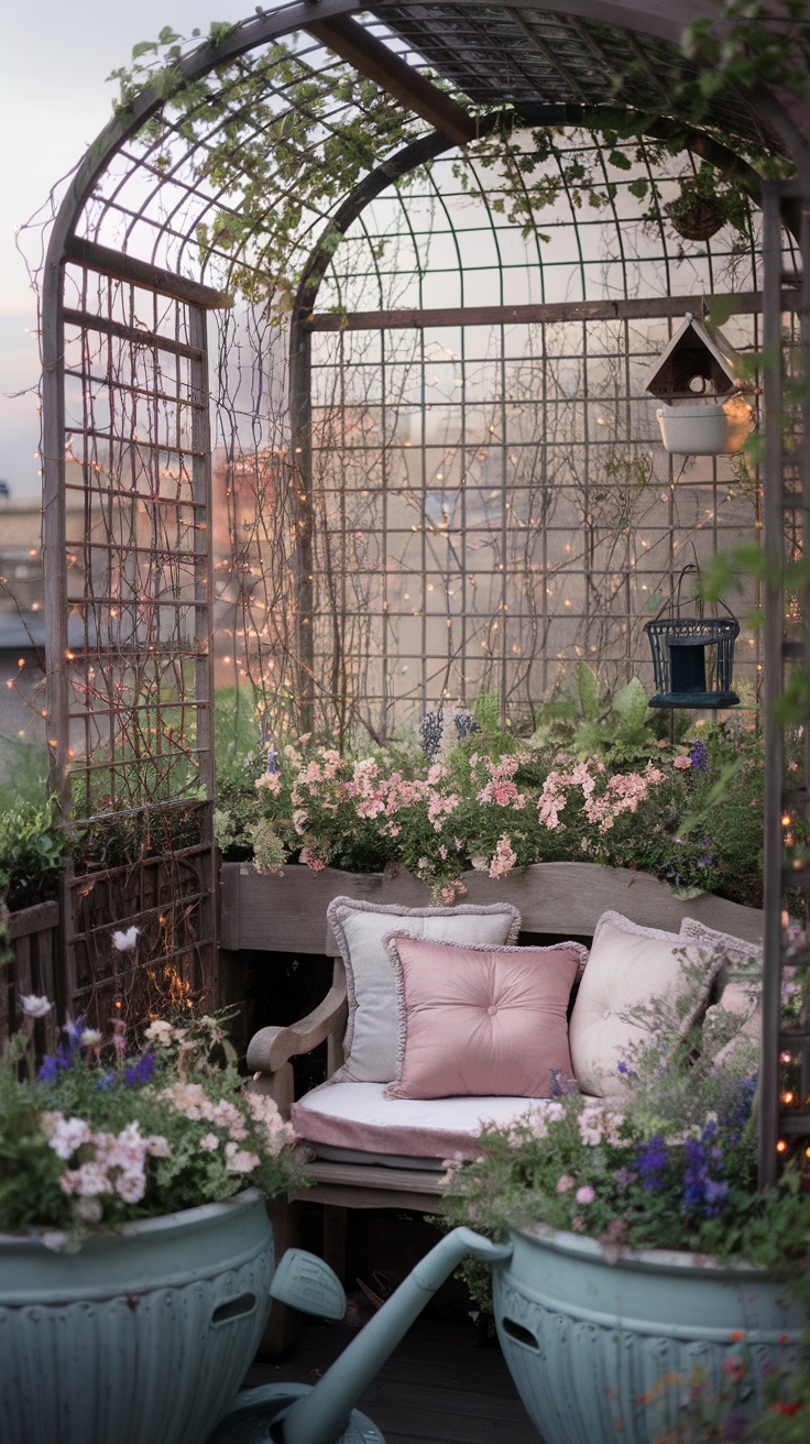 A cozy balcony garden with flowers, fairy lights, and a wooden bench.