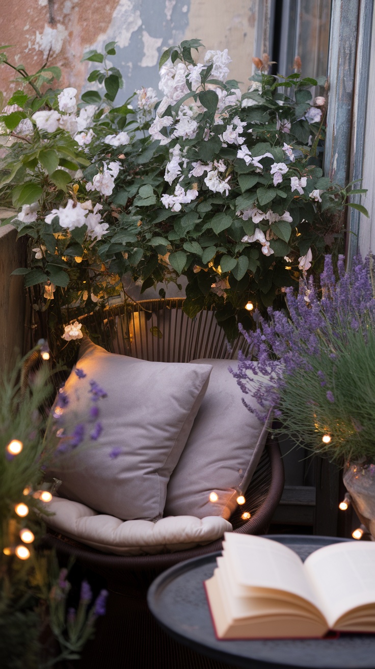 A cozy balcony with flowers, pillows, and a book on a table, creating a perfect reading nook.