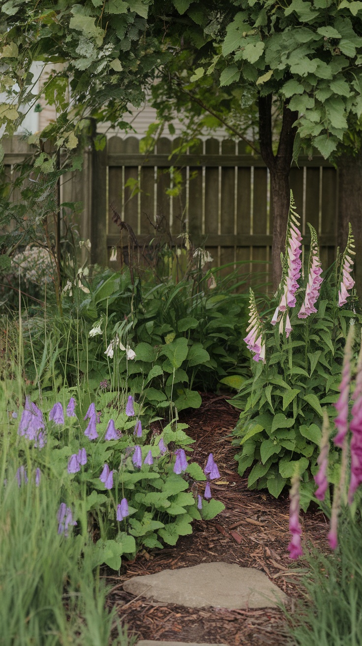 A shaded wildflower garden with purple bellflowers and pink foxgloves lining a stone pathway