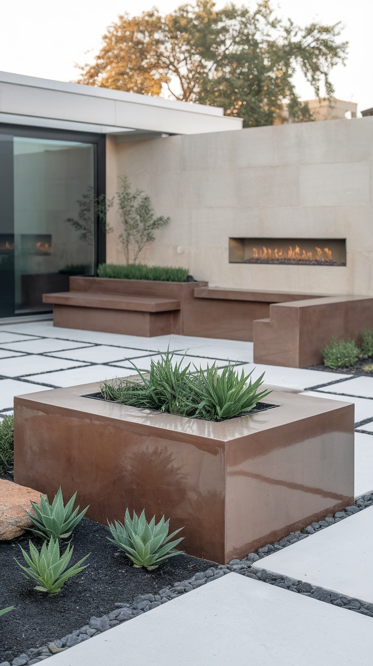 Modern front yard featuring sleek concrete planters and a minimalist fire feature