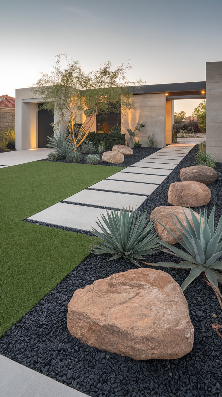 A sleek minimalist front yard featuring concrete pathways, natural stones, and lush green grass, illuminated softly.