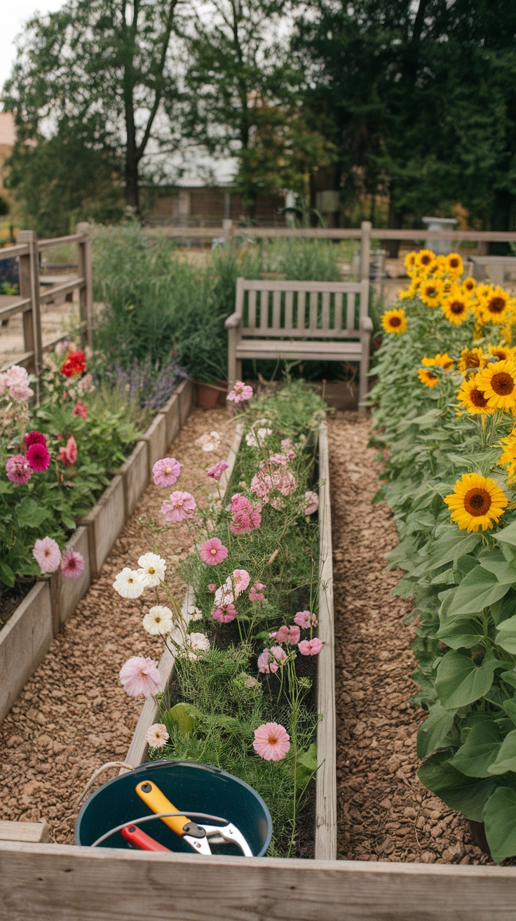 A small cut flower wildflower garden with various colorful flowers and a wooden bench.