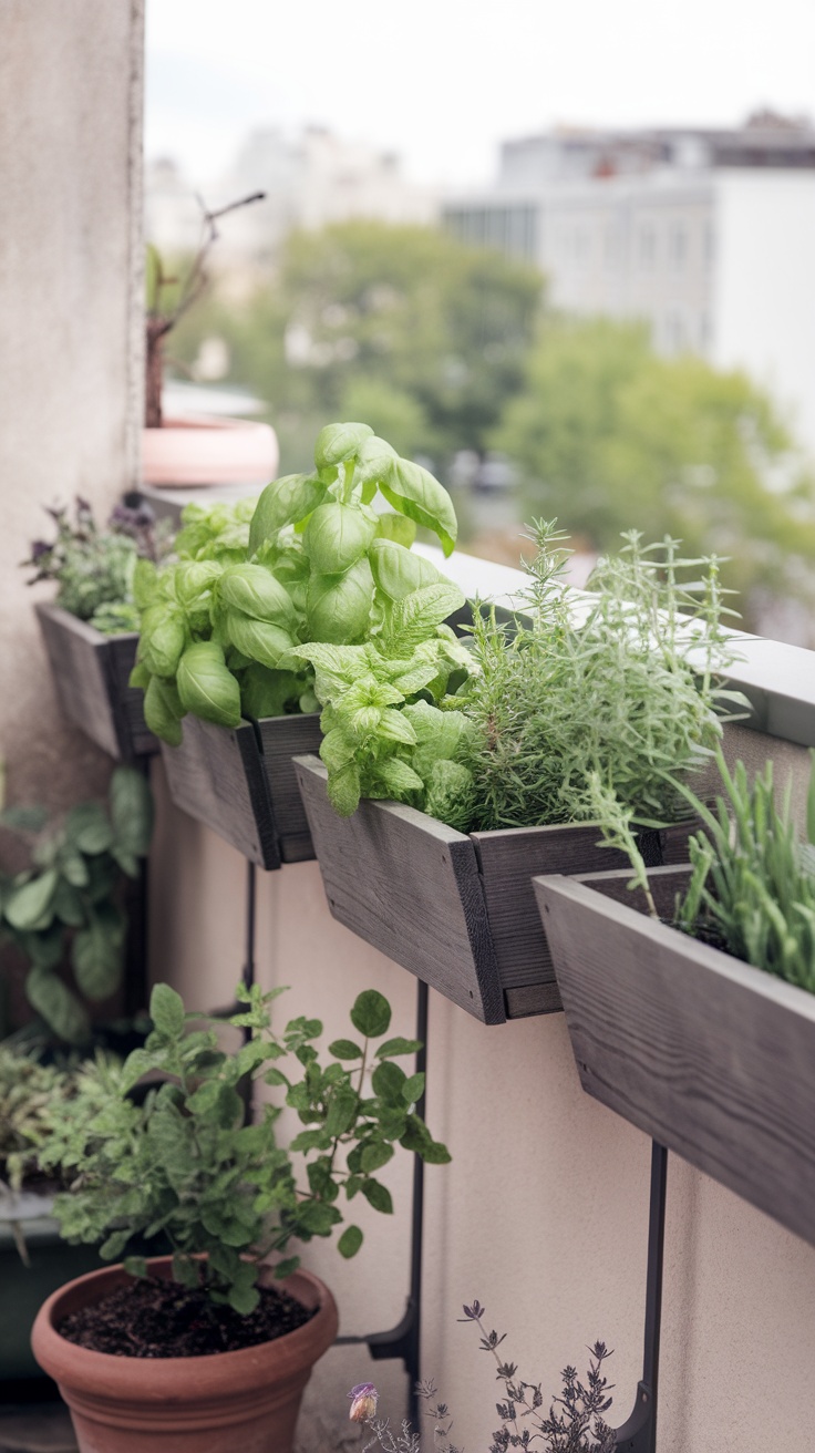 A small balcony herb garden with various herbs in vertical planters