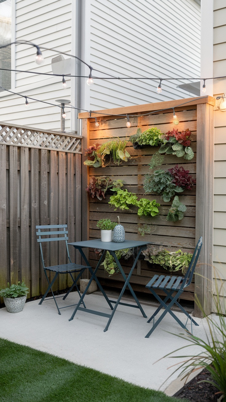 Cozy small patio with vertical planters and a table set