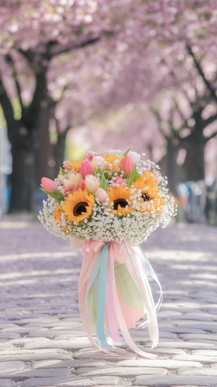 A vibrant bouquet featuring sunflowers, tulips, and baby's breath, set against a backdrop of blooming cherry trees.