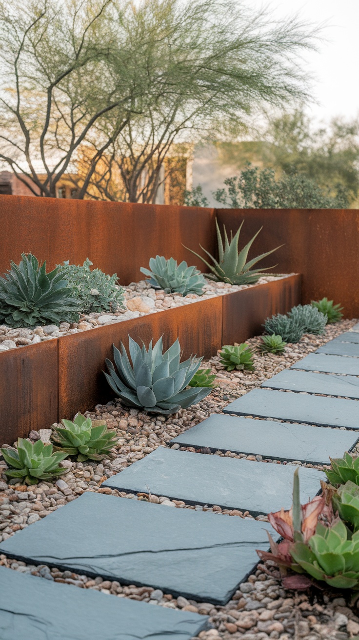 A modern front yard featuring a steel wall, stone pathway, and various succulents.