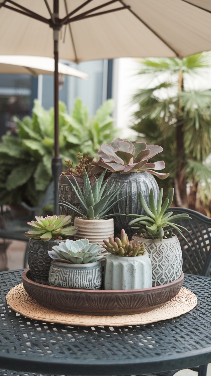 A beautiful arrangement of succulents in decorative pots on a tray.