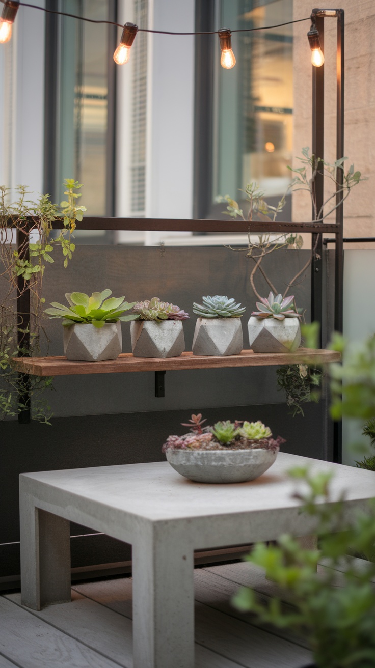 A balcony garden featuring various succulents in geometric concrete pots and a modern concrete table.