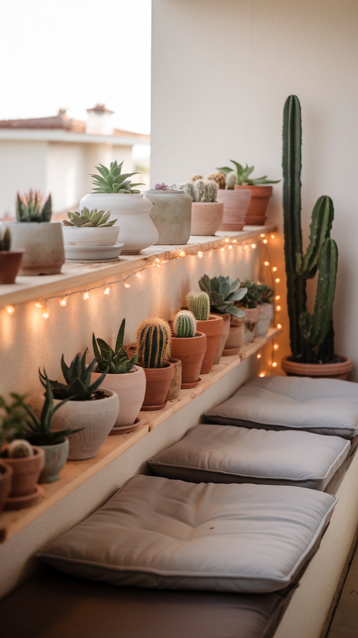 A cozy balcony garden featuring various succulent plants in different pots, with soft cushions and string lights.