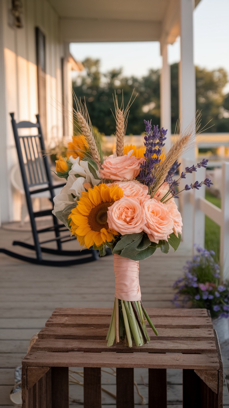 A beautiful sunflower bouquet featuring sunflowers, pink roses, lavender, and wheat.