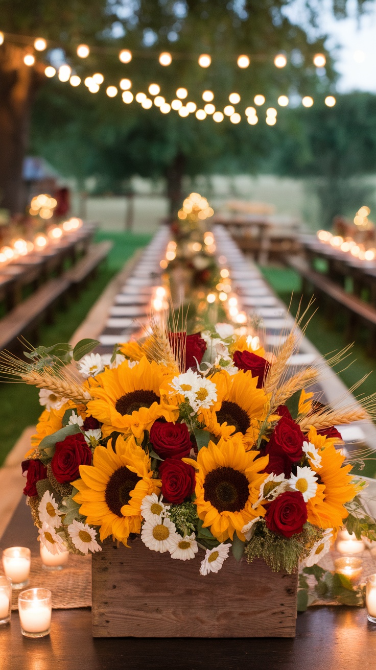 A beautiful sunflower bouquet centerpiece with candles and fairy lights in an outdoor setting.