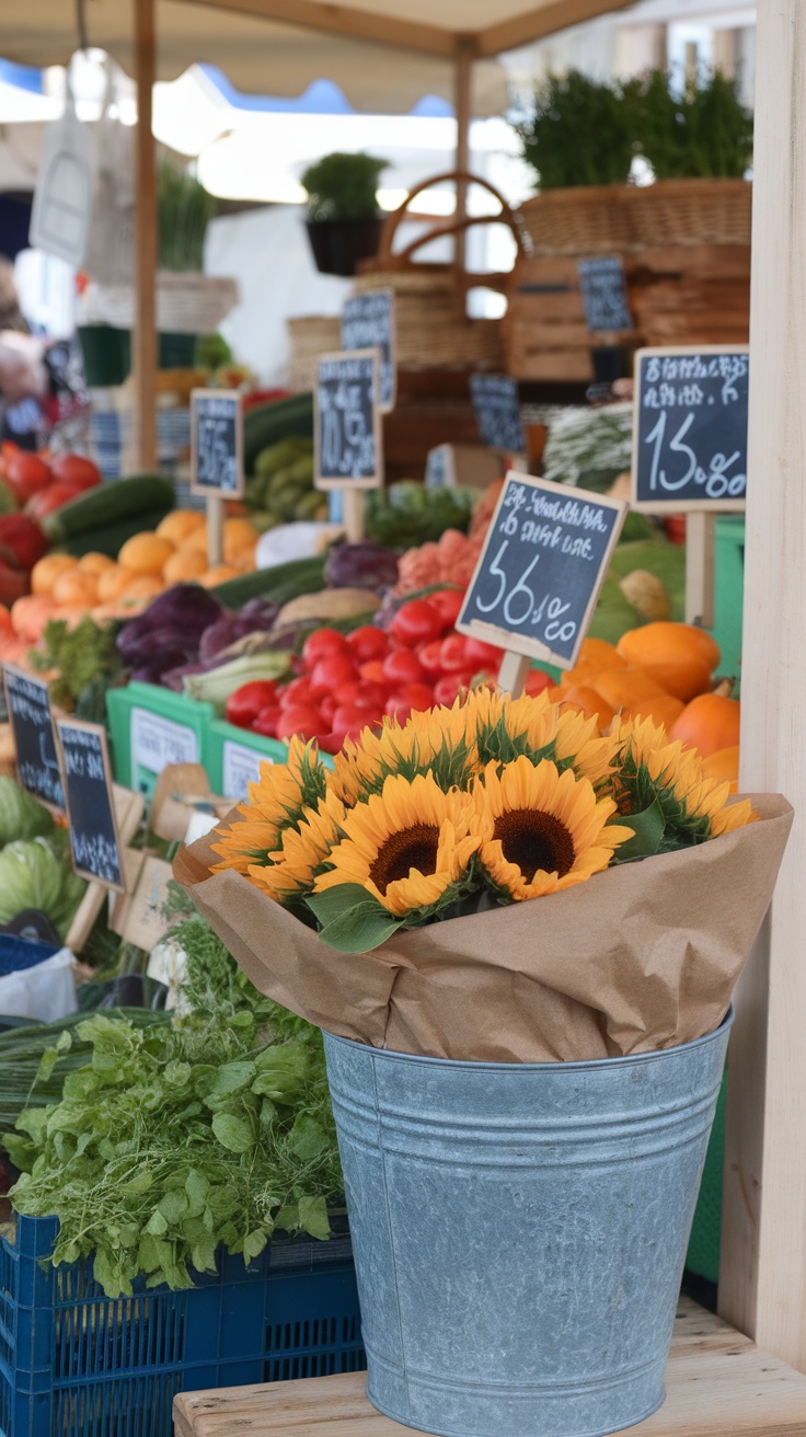 A market stand featuring a bouquet of sunflowers in a metal bucket, surrounded by various colorful fruits and vegetables.