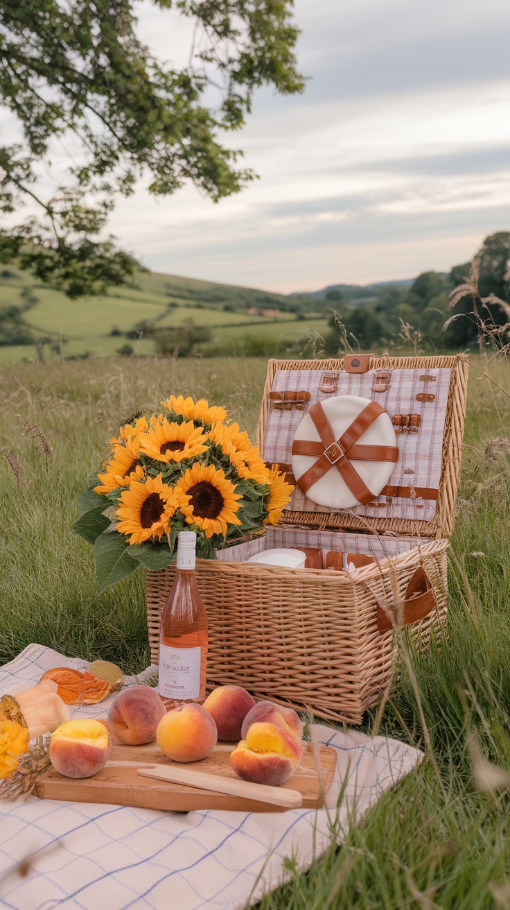 A picnic basket with a bouquet of sunflowers, peaches, and a bottle of rosé in a grassy field.