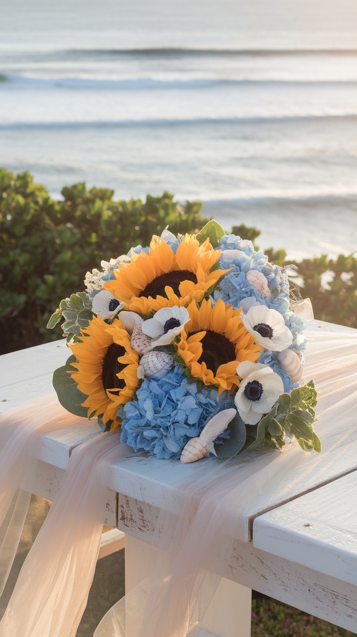 A vibrant sunflower bouquet with blue flowers and seashells on a white table by the sea.