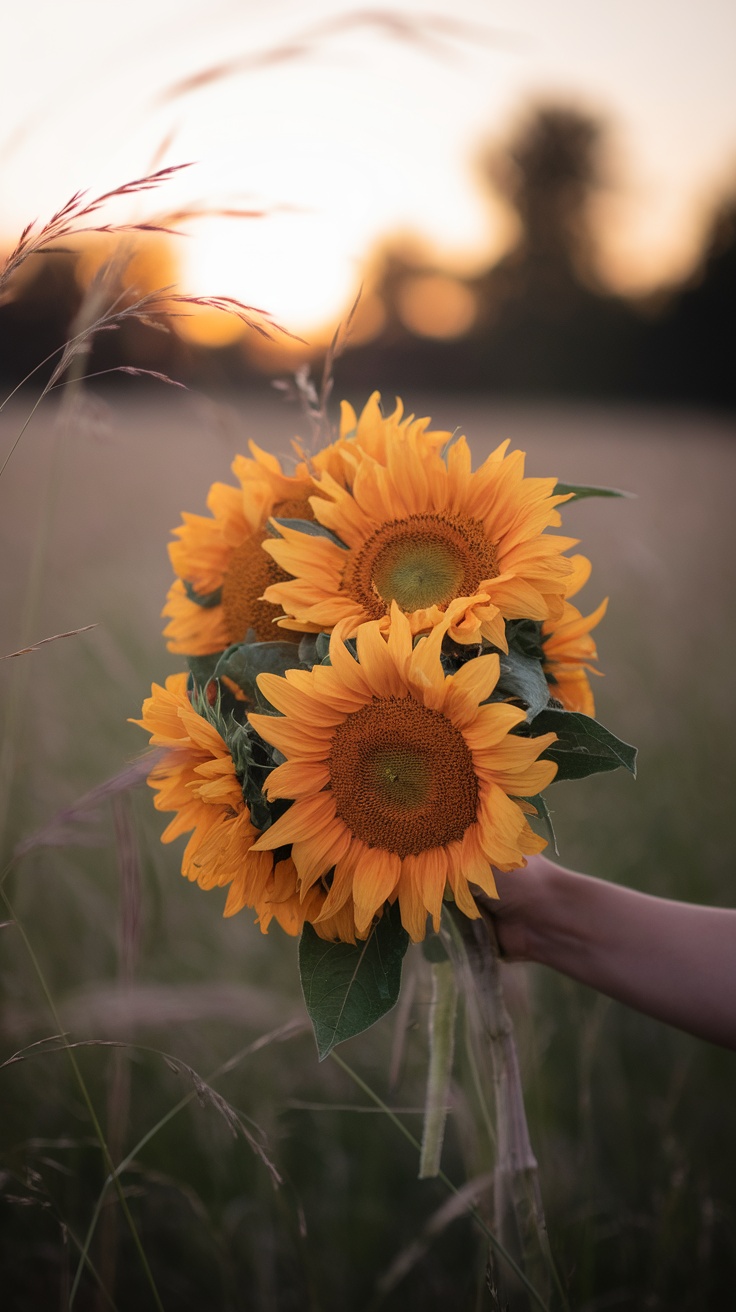 A bouquet of sunflowers held against a golden hour backdrop.