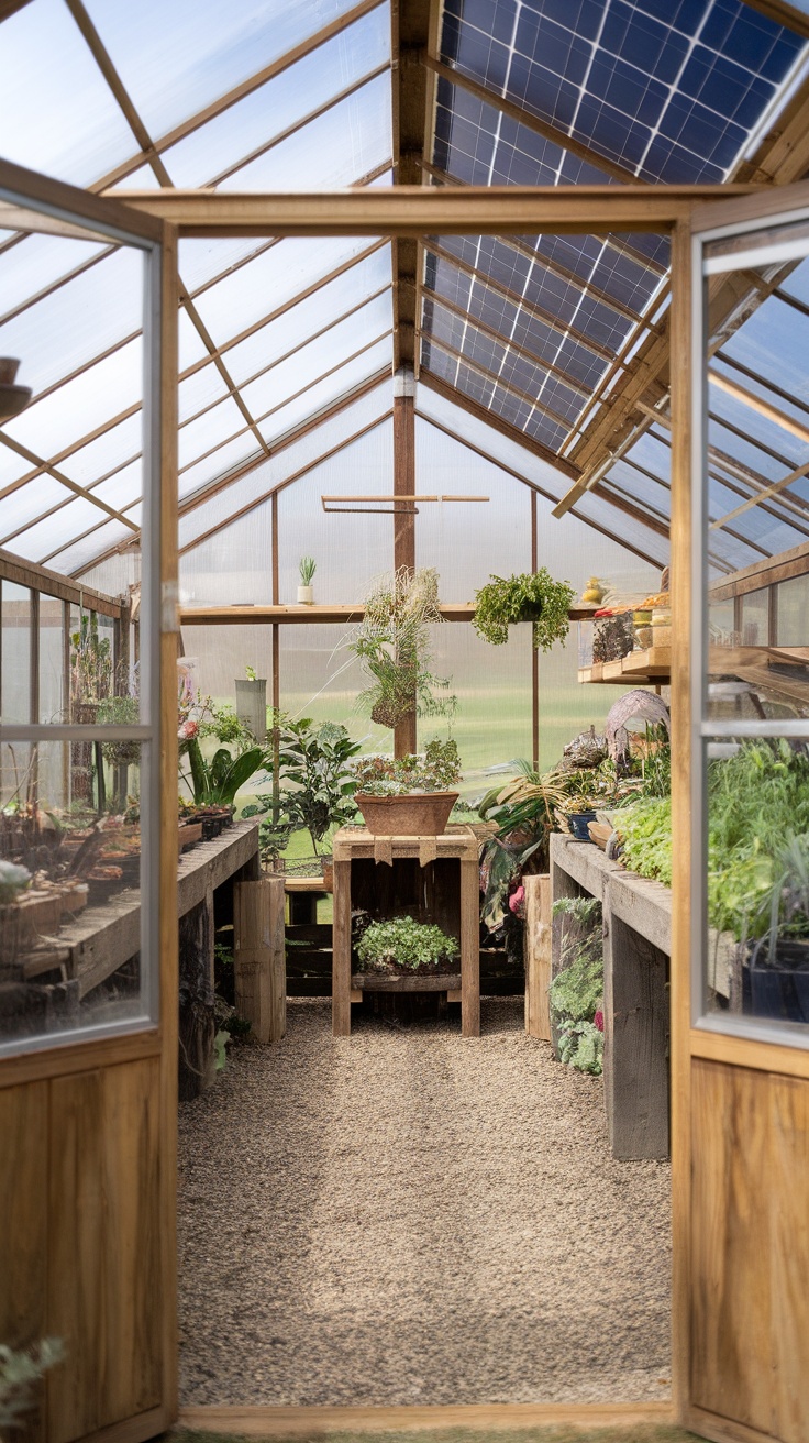 Interior of a greenhouse with plants and solar panels on the roof.