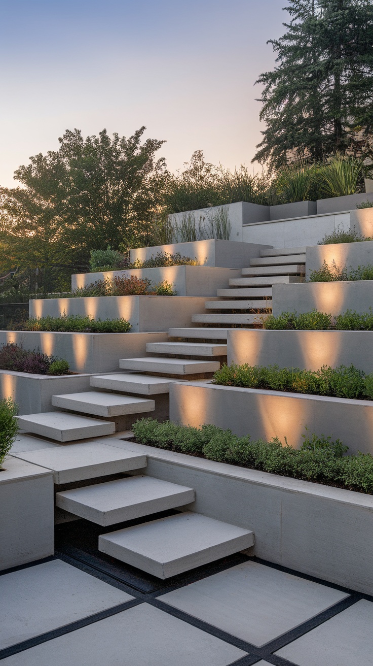 A modern terraced garden with floating steps and ambient lighting