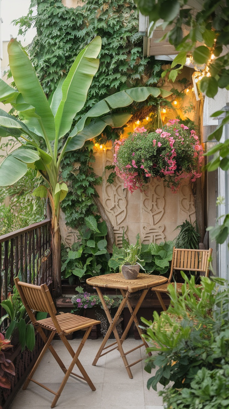 A cozy tropical balcony featuring banana leaves, hanging flowers, and wooden furniture.