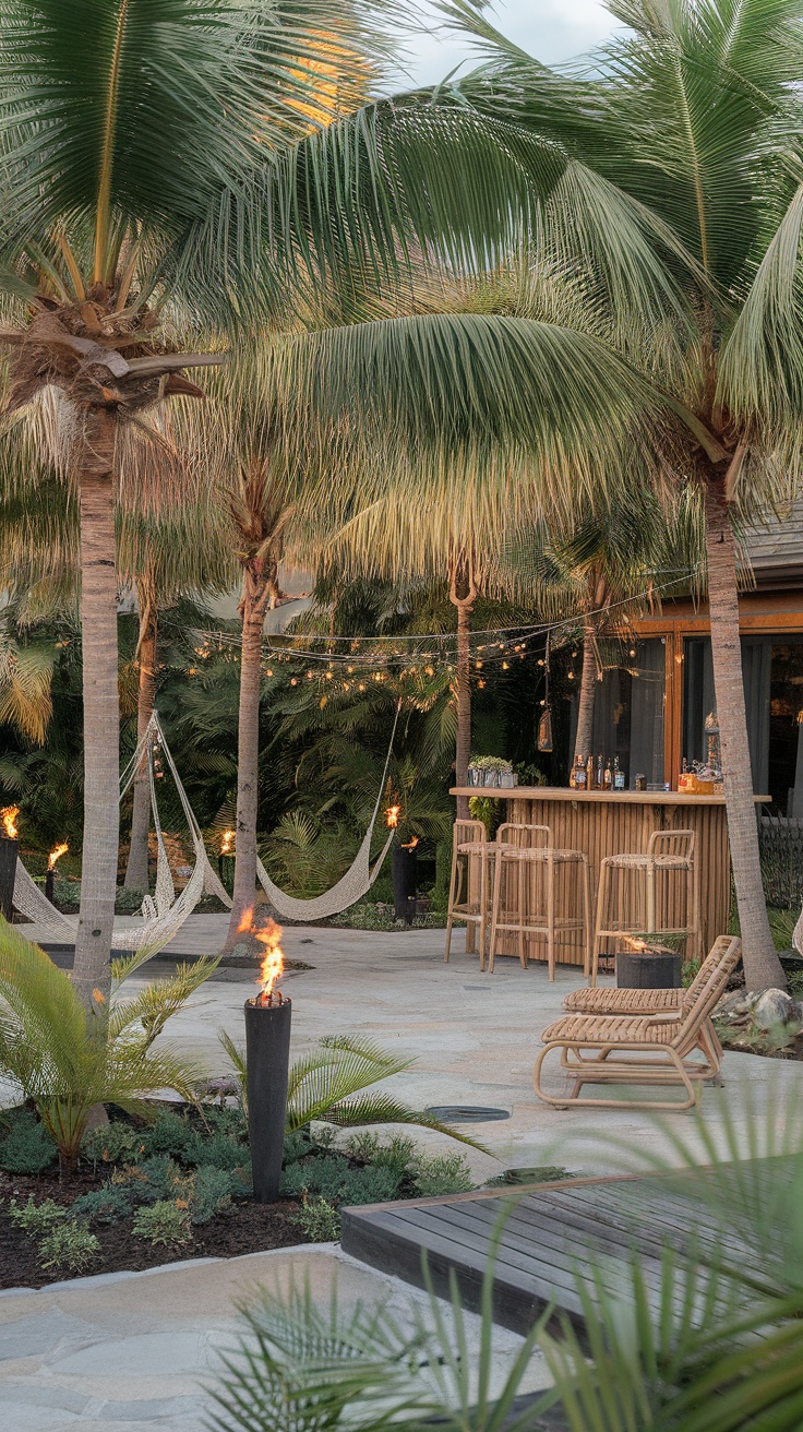 Chic backyard outdoor patio with hammocks, bar area, and tropical plants.