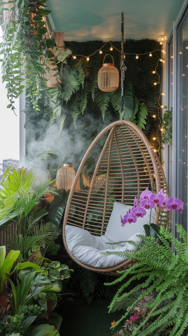 A cozy balcony garden with hanging plants, a chair, and vibrant flowers.