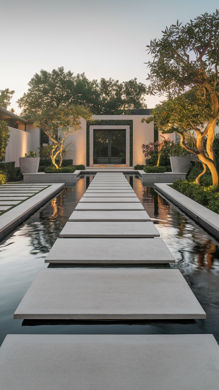 A modern front yard with a stone pathway over a water feature, surrounded by lush greenery and soft lighting.