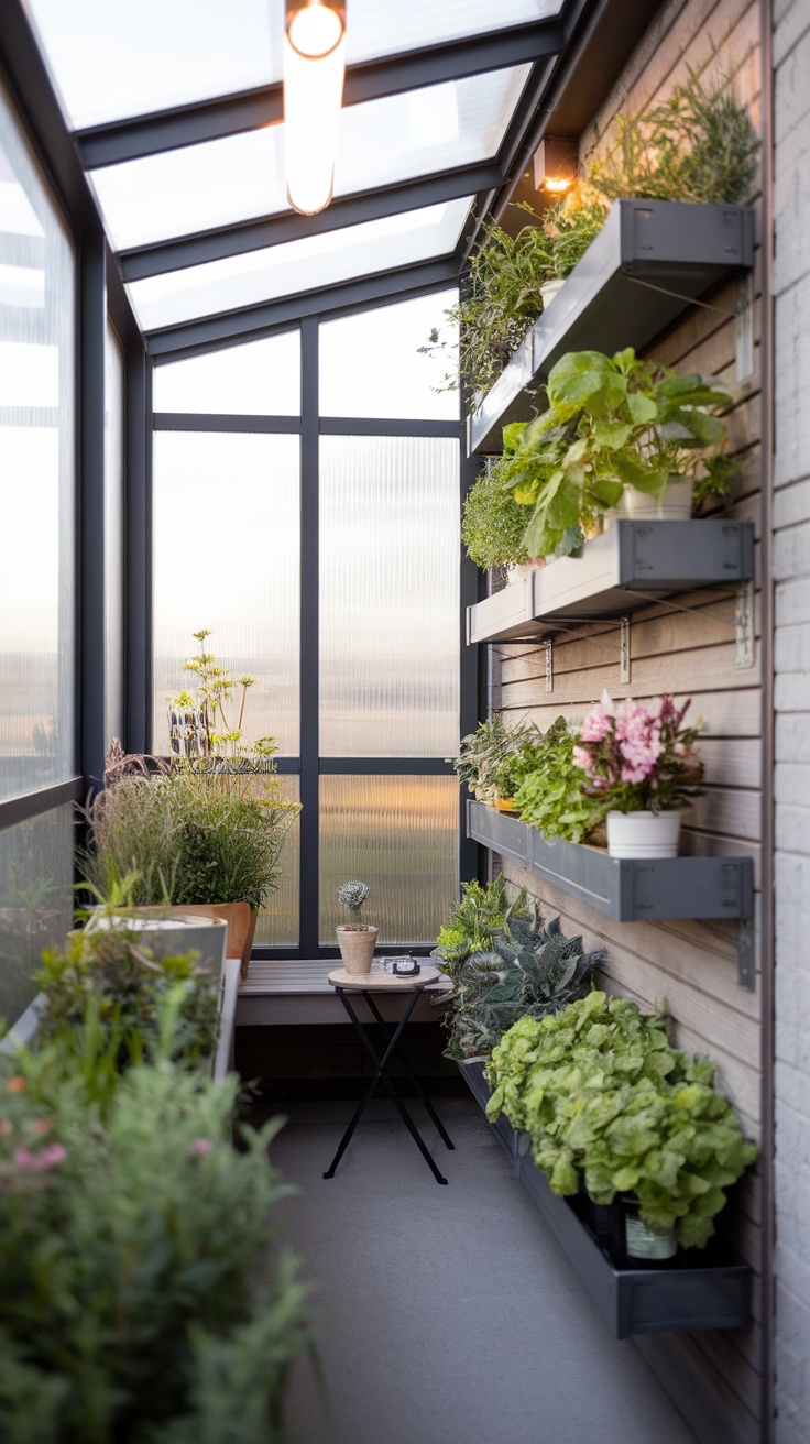 A modern balcony greenhouse with vertical planters filled with herbs and plants