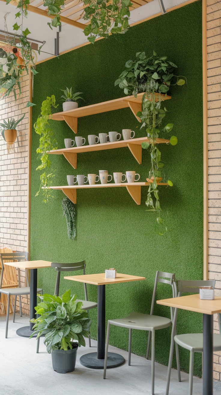 A cozy urban café with an artificial grass wall, wooden shelves displaying mugs, and potted plants adding a green accent.