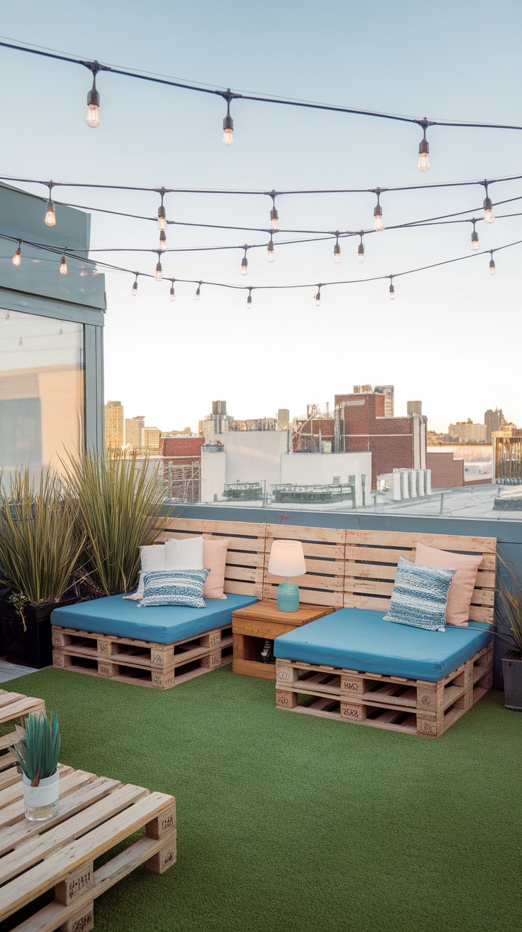 Urban rooftop patio featuring wooden pallet seating, colorful cushions, a lamp, and string lights above.