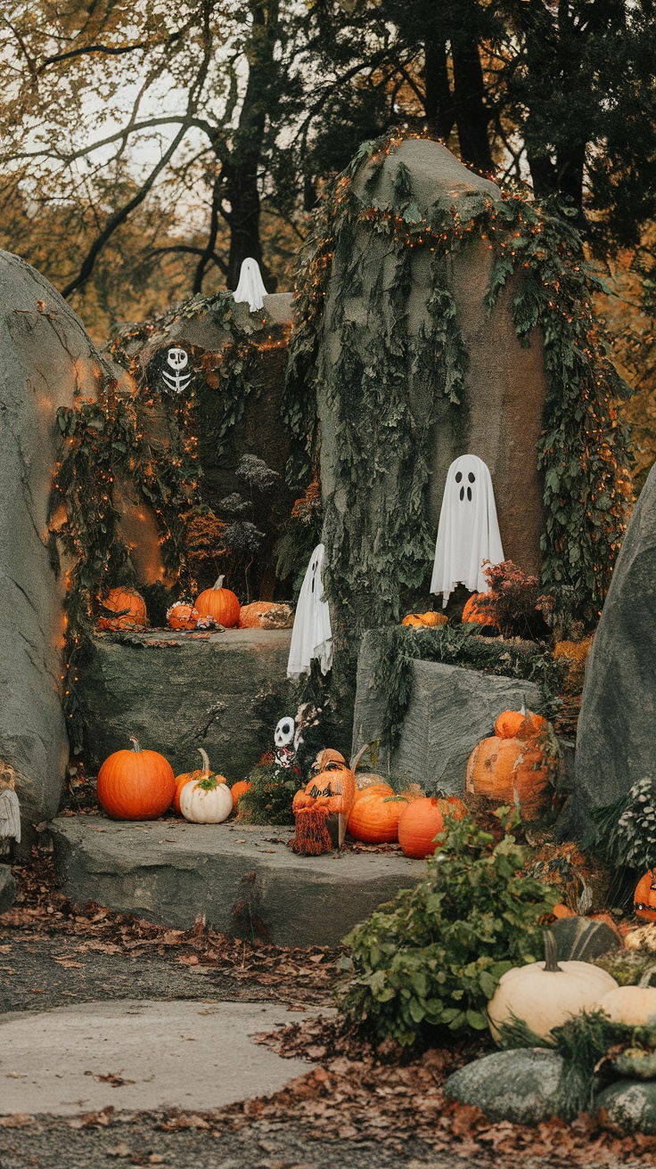 Seasonal display with boulders, pumpkins, and Halloween decorations.