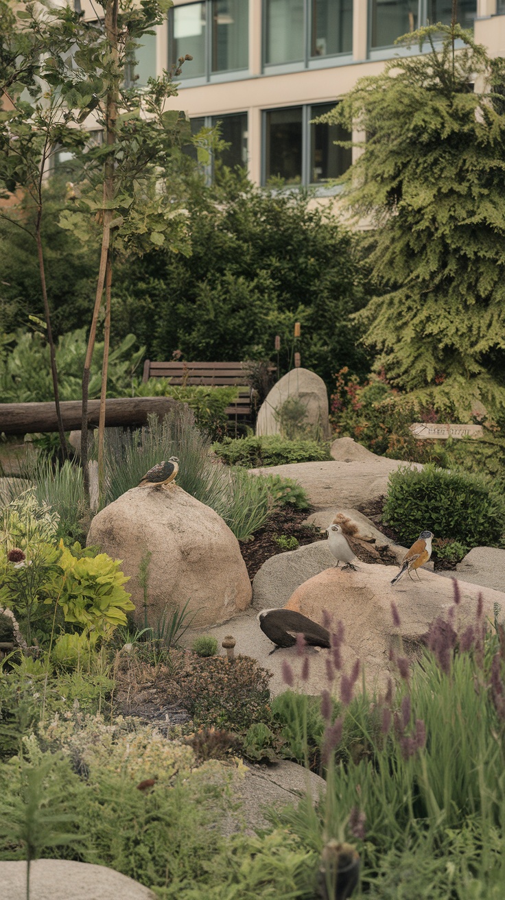 A garden scene with boulders and various birds perched on them, surrounded by lush plants and greenery.