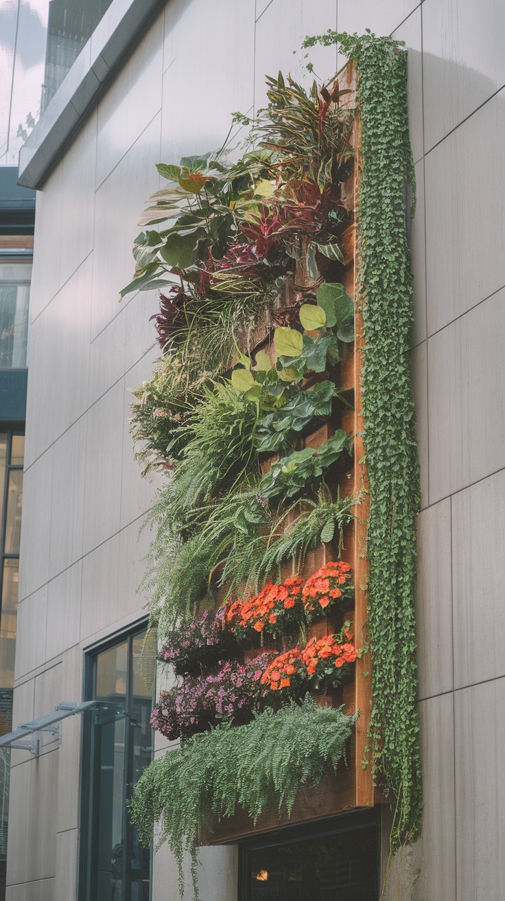 A vibrant vertical garden filled with various plants and flowers, creating a beautiful green wall.