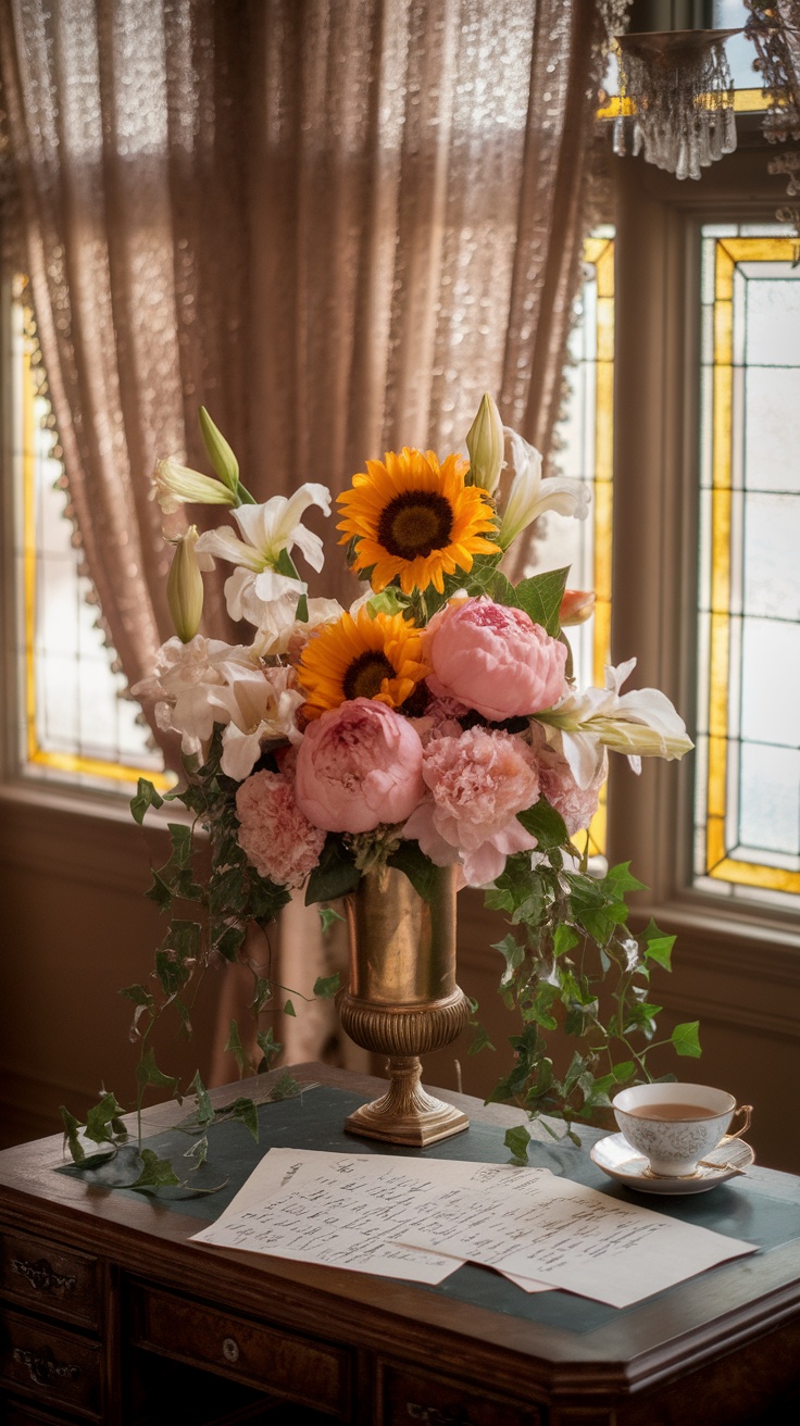 A beautiful bouquet featuring sunflowers and peonies in a vintage vase, set on a wooden table with a cup of tea and handwritten letters.