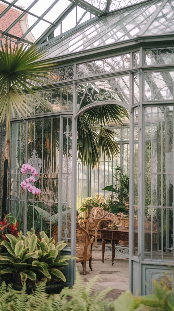 A beautiful Victorian glasshouse filled with plants and wicker furniture.