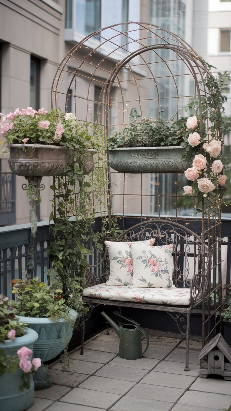 Cozy vintage balcony garden with floral cushions and hanging plants.