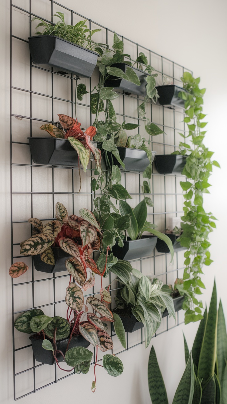 A wall-mounted grid display with various hanging plants in black planters.