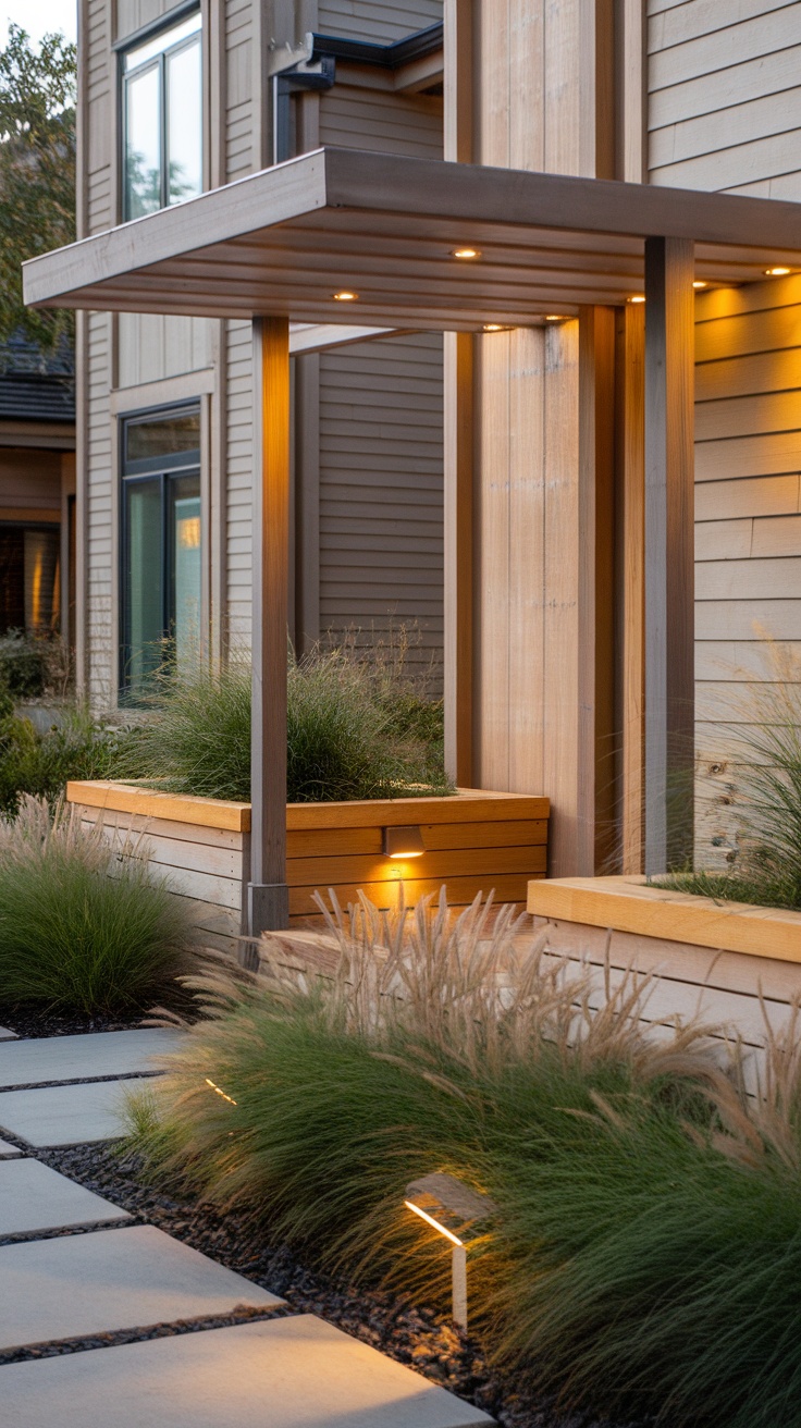 Modern entryway featuring warm wood details and soft lighting, surrounded by lush greenery and a stone pathway.