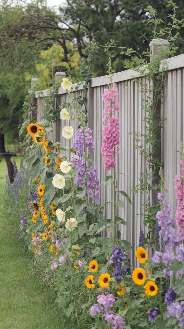 A vibrant wildflower garden along a wooden fence featuring sunflowers, hollyhocks, and delphiniums.