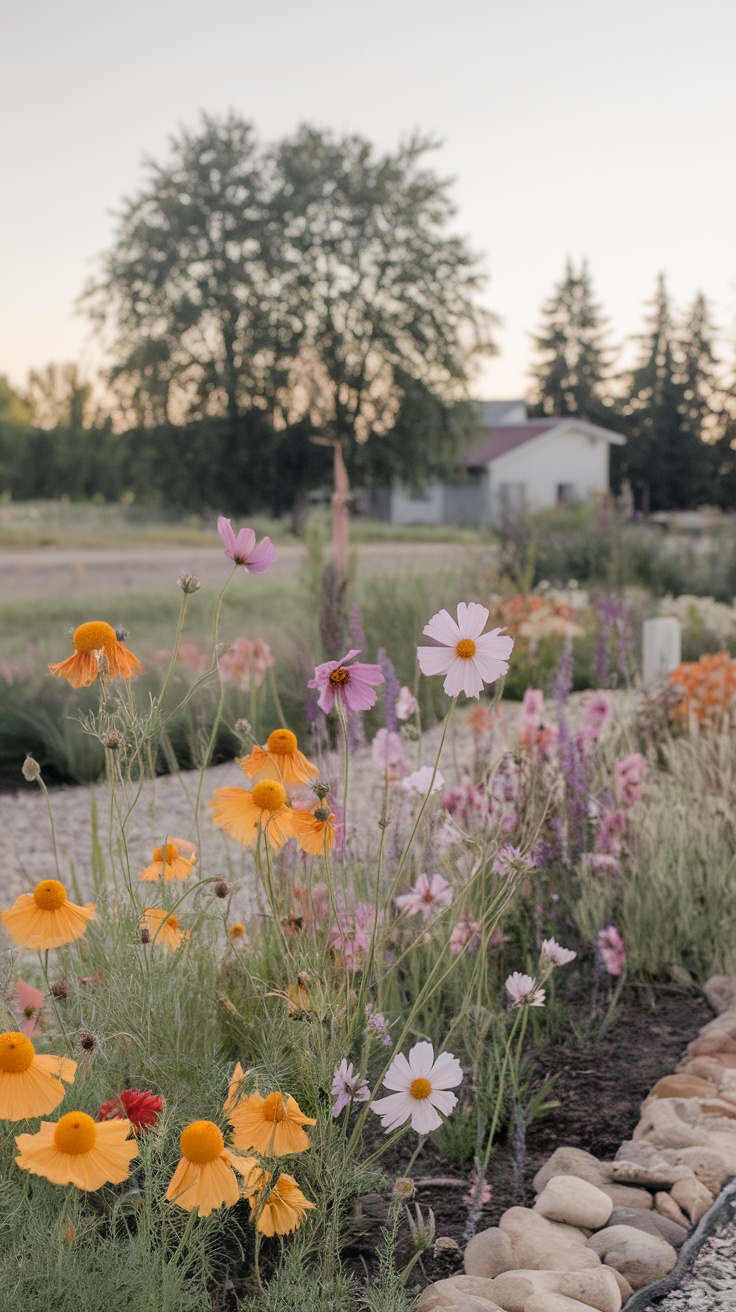 A vibrant wildflower garden bed with yellow, pink, and purple flowers, set against a tranquil backdrop of a building and trees.