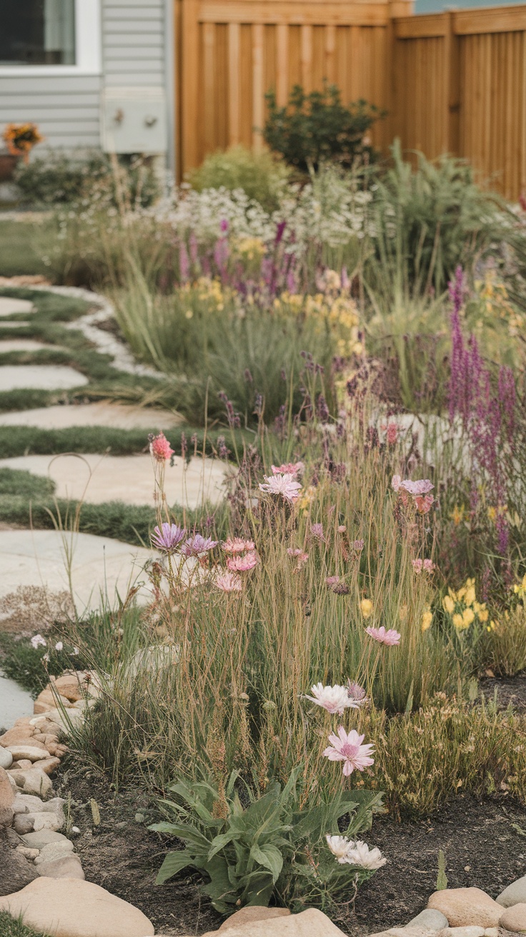 A vibrant wildflower garden featuring a variety of colorful flowers alongside a stone pathway