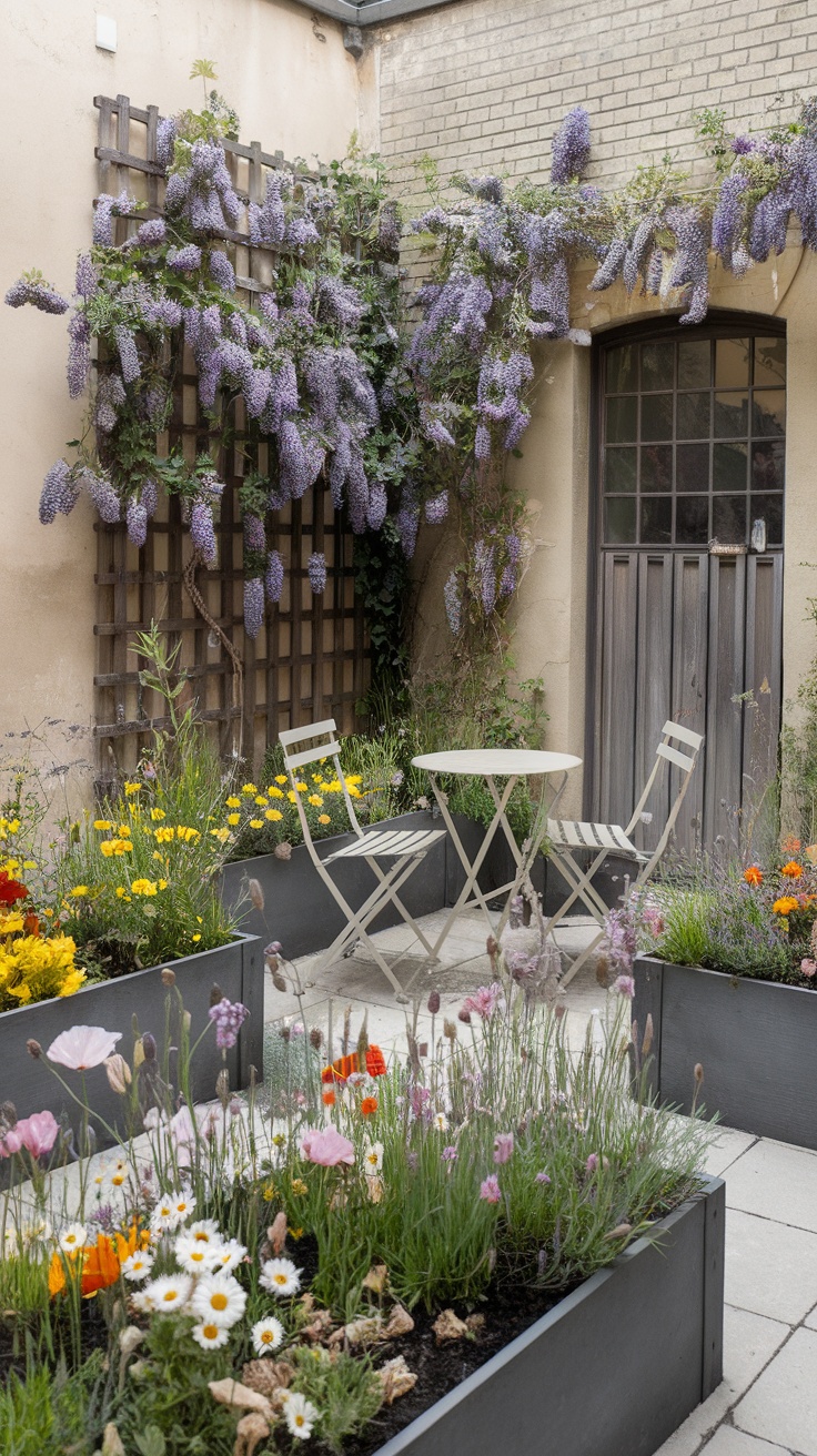 A charming courtyard garden filled with colorful wildflowers, featuring a small table and chairs, with wisteria climbing the wall.